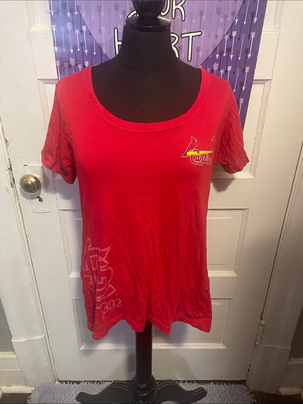 Women's Red Short-Sleeve Graphic Tee with Small Chest Logo